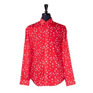 Mens Silk Shirt Button Up Red White Abstract Graphic Dress Casual Party Medium